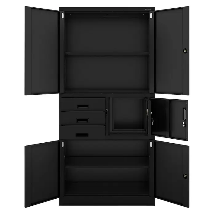 Jan Nowak Aktenschrank Filip II - B x T x H: 90 x 40 x 185 cm, Schwarz - Abgebildeter, geräumiger, schwarzer Werkzeugschrank mit Schubladen und offenen Fächern für die Werkstatt.