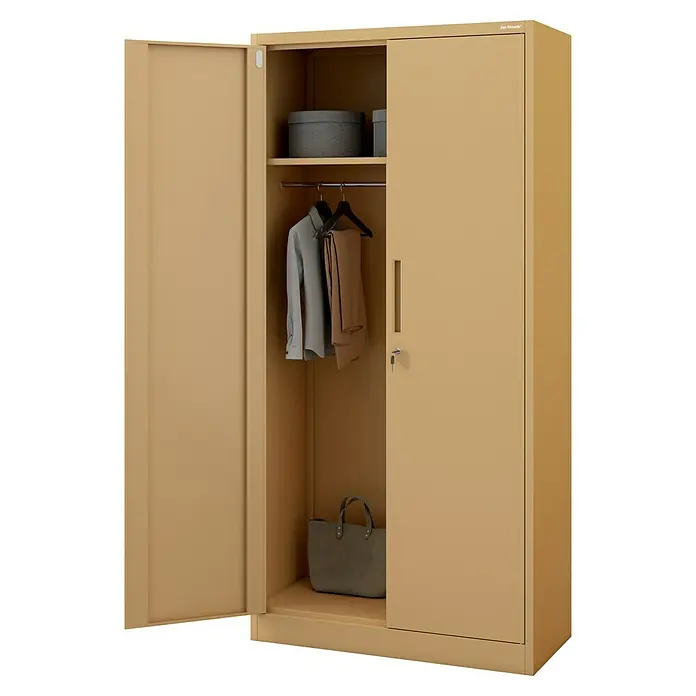 Jan Nowak Metall-Mehrzweckschrank Dawid - H x B x T: 185 x 90 x 45 cm, Beige - Offener Metallschrank in Beige mit Kleidung, Boxen und einer Tasche für die Aufbewahrung im Büro oder Zuhause.