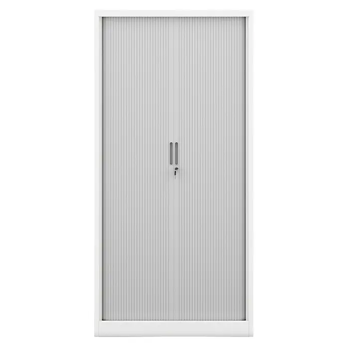 Jan Nowak Aktenschrank Damian - B x T x H: 90 x 45 x 185 cm, Weiß/Grau - Aufnahme eines rollbaren Aktenschranks in Weiß. Perfekt für Büro oder Homeoffice, bietet er sicheren Stauraum für Dokumente und Unterlagen.