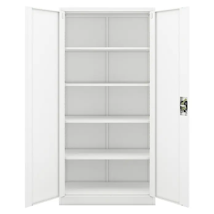 Jan Nowak Aktenschrank Jan - B x T x H: 90 x 40 x 185 cm, Weiß - Ein offener, weißer Metallschrank mit mehreren Regalböden, ideal für Büro oder Werkstatt.\n
