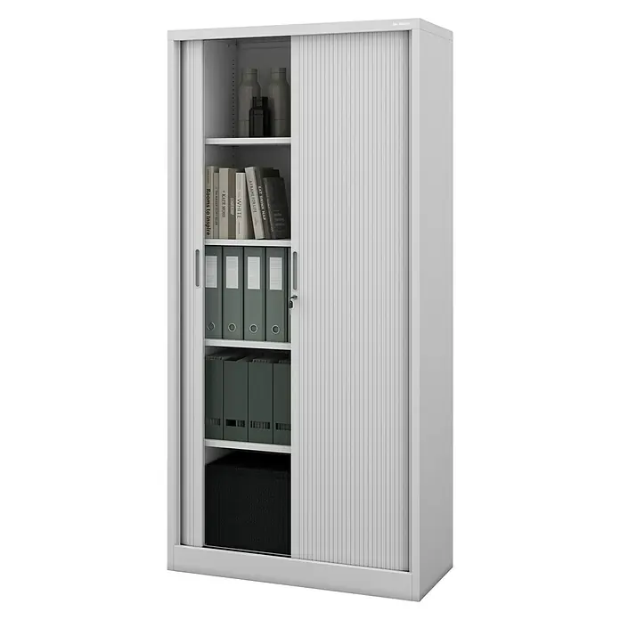 Jan Nowak Aktenschrank Damian - B x T x H: 90 x 45 x 185 cm, Grau - Dieser Aktenschrank in Weiß verfügt über Rolltüren, die einen einfachen Zugriff auf die darin enthaltenen Bücher, Ordner und andere Gegenstände ermöglichen.