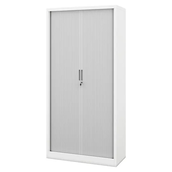 Jan Nowak Aktenschrank Damian - B x T x H: 90 x 45 x 185 cm, Weiß/Grau - Ein weißer Rollladenschrank mit Schloss und vertikalen Lamellen bietet praktischen Stauraum für Büros oder Werkstätten.