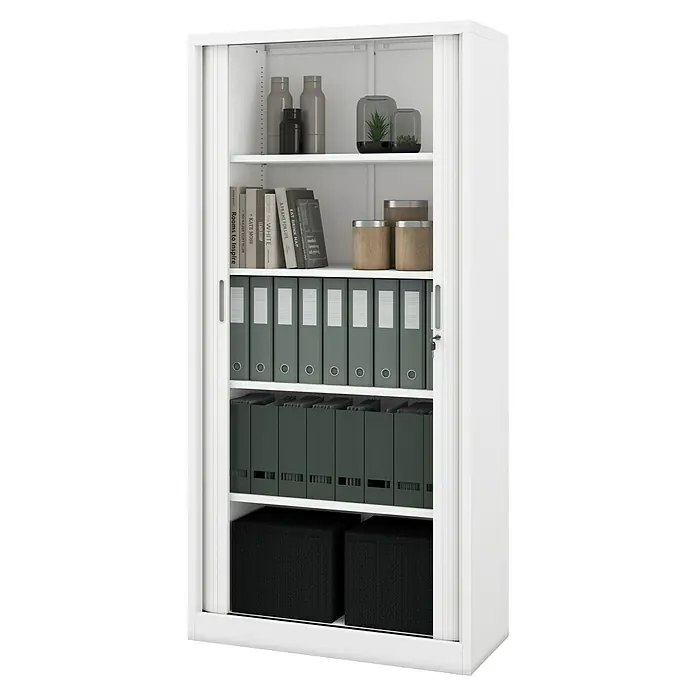 Jan Nowak Aktenschrank Damian - B x T x H: 90 x 45 x 185 cm, Weiß - Ein weißer Büroschrank mit Rollladen bietet viel Stauraum für Akten, Bücher und Dekorationen. Ideal für Büro und Arbeitszimmer.