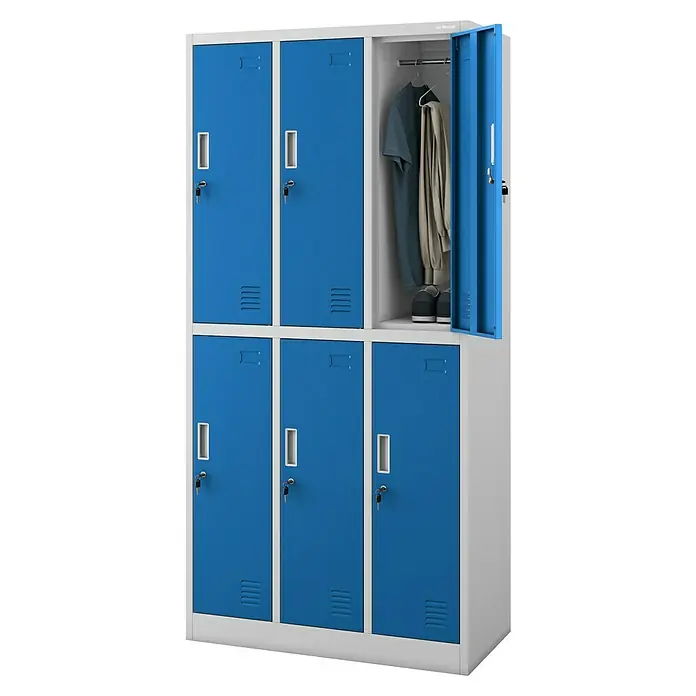 Jan Nowak Schließfachschrank Igor - H x B x T: 185 x 90 x 45 cm, Anzahl Fächer: 6 Stk., Grau/Blau - Ein blauer Metallspind mit sechs Fächern, eines davon geöffnet und mit Kleidung und Schuhen gefüllt.