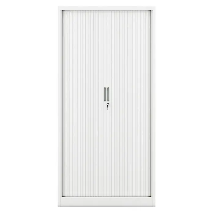 Jan Nowak Aktenschrank Damian - B x T x H: 90 x 45 x 185 cm, Weiß - Ein weißer Rollladenschrank mit vertikalen Lamellen und einem zentralen Schloss bietet praktischen Stauraum.