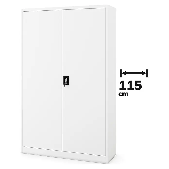 Jan Nowak Aktenschrank Jan II - B x T x H: 115 x 40 x 185 cm, Weiß - Ein weißer Aktenschrank mit zwei Türen und einem schwarzen Schloss, der 115 cm breit ist.
