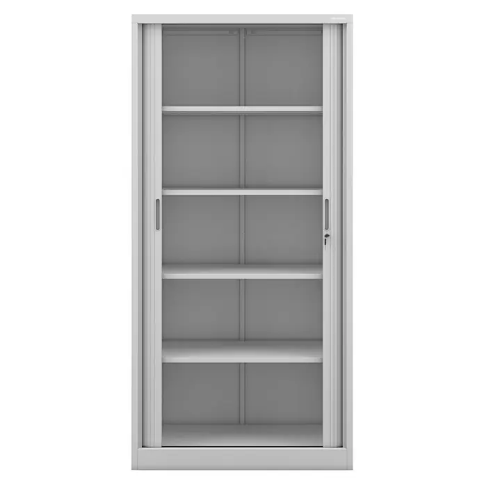 Jan Nowak Aktenschrank Damian - B x T x H: 90 x 45 x 185 cm, Grau - Ein grauer Stahlschrank mit mehreren Regalen und Schiebetüren, ideal für die Büroaufbewahrung.