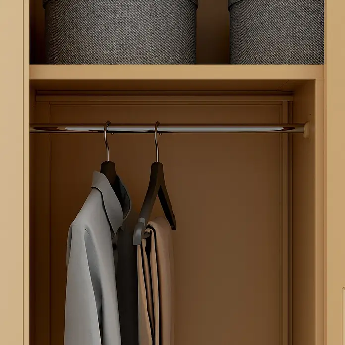 Jan Nowak Metall-Mehrzweckschrank Dawid - H x B x T: 185 x 90 x 45 cm, Beige - Kleiderschrank mit grauen Aufbewahrungsboxen oben, Kleidung an Bügeln an einer Stange, Fokus auf die stilvolle und funktionale Aufbewahrungslösung.