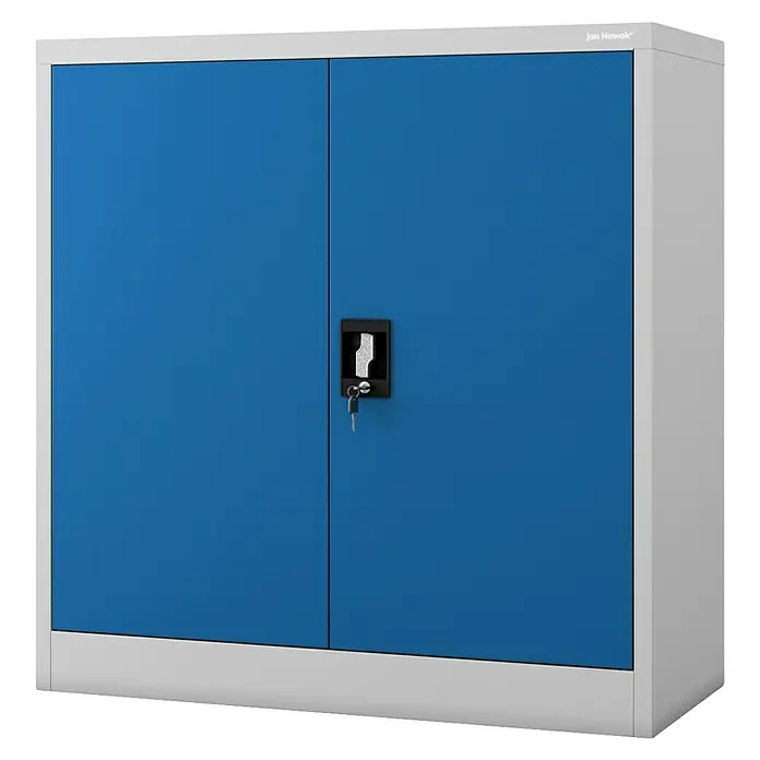 Jan Nowak Aktenschrank Beata - B x T x H: 90 x 40 x 92,5 cm, Grau / Blau - Ein blauer Stahlschrank mit zwei Türen und einem schwarzen Schloss. Der Schrank hat einen grauen Rahmen und den Schriftzug "Jan Nowak".