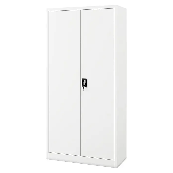 Jan Nowak Aktenschrank Jan - B x T x H: 90 x 40 x 185 cm, Weiß - Ein abschließbarer, weißer Metallschrank mit zwei Türen und einem schwarzen Griff mit Schlüssel für Büro oder Werkstatt.