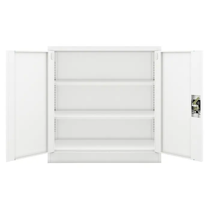 Jan Nowak Aktenschrank Beata - B x T x H: 90 x 40 x 92,5 cm, Weiß - Aufnahme eines weißen Metallschranks mit offenen Türen, der drei leere Regale zeigt.