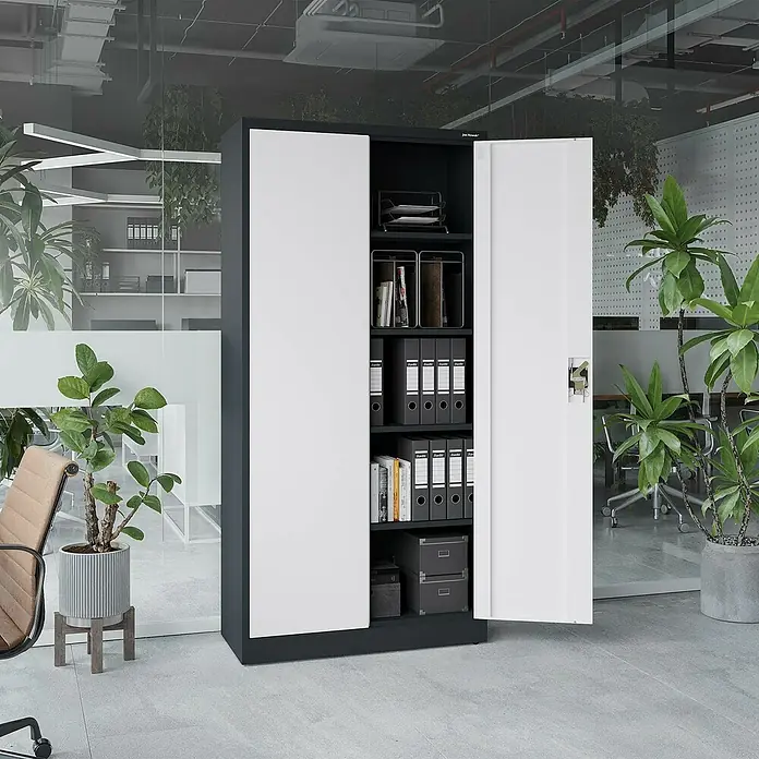 Jan Nowak Aktenschrank Jan - B x T x H: 90 x 40 x 185 cm, Anthrazit/Weiß - Büro-Metallschrank mit weißen Türen und schwarzem Rahmen, ideal für die Büroaufbewahrung von Akten und Ordnern. Praktisch und stilvoll.
