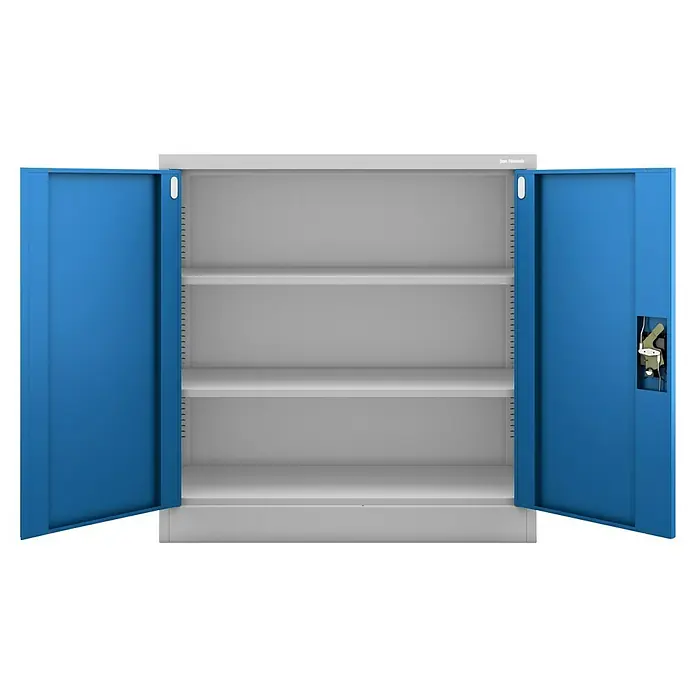 Jan Nowak Aktenschrank Beata - B x T x H: 90 x 40 x 92,5 cm, Grau / Blau - Aufnahme eines offenen blauen Metallschranks mit Einlegeböden. Dieser stabile Aktenschrank eignet sich perfekt für die Büro- oder Werkstattorganisation.