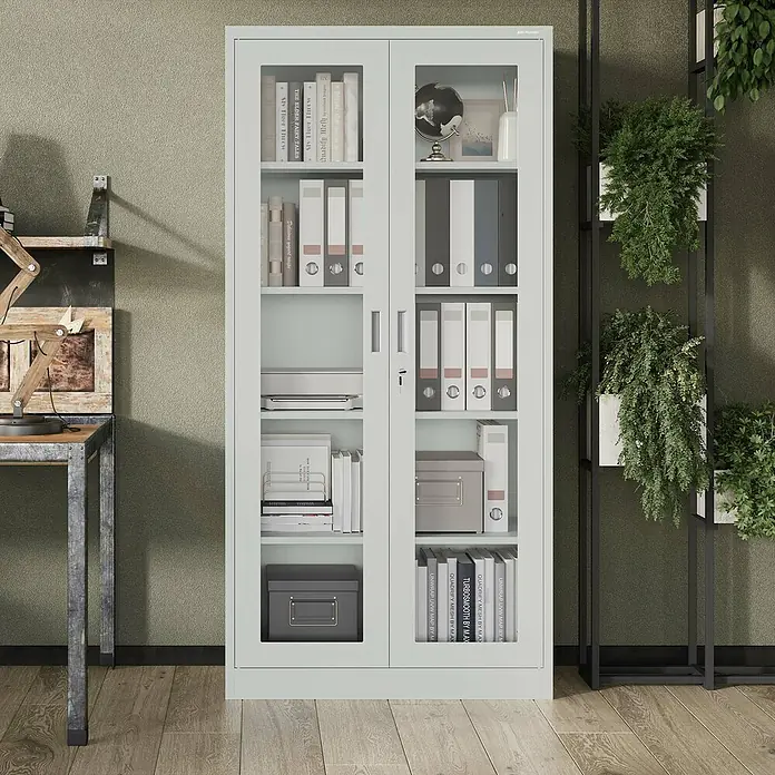 Jan Nowak Aktenschrank Amelia - B x T x H: 90 x 40 x 185 cm, Grau - Ein moderner Aktenschrank in Weiß mit Glasfronten, ideal für Büro oder Arbeitszimmer, bietet viel Stauraum.