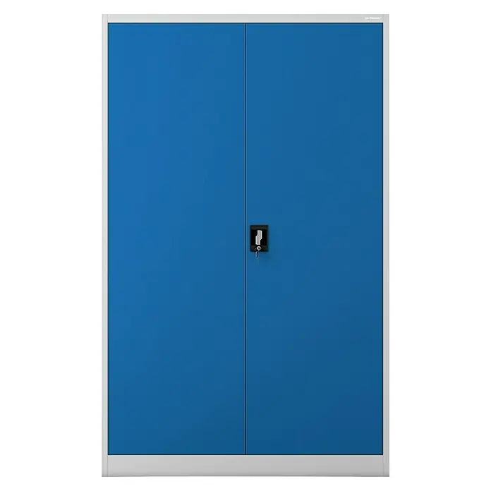 Jan Nowak Aktenschrank Jan II - B x T x H: 115 x 40 x 185 cm, Grau/Blau - Ein blauer Metallschrank mit zwei Türen und einem silberfarbenen Rahmen. Der Schrank hat ein schwarzes Schloss mit einem Schlüssel.
