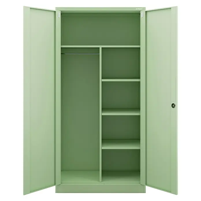 Jan Nowak Metall-Mehrzweckschrank Dawid - H x B x T: 185 x 90 x 45 cm, Pastell Grün - Grüner Stahlschrank mit offenen Türen und Einlegeböden. Praktische Aufbewahrungslösung für Büro oder Zuhause mit viel Stauraum.