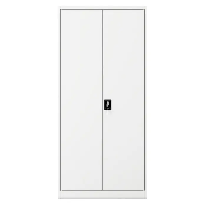 Jan Nowak Aktenschrank Jan - B x T x H: 90 x 40 x 195 cm, Weiß - Ein weißer Metallschrank mit zwei Türen und einem schwarzen Schloss mit Schlüssel. Ideal für Büro oder Werkstatt.