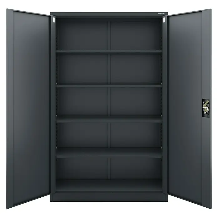 Jan Nowak Aktenschrank Jan II - B x T x H: 115 x 40 x 185 cm, Anthrazit - Ein grauer Metallschrank mit offenen Türen und mehreren Regalen. Perfekt für Büro oder Werkstatt zur Lagerung von Dokumenten und Werkzeugen.