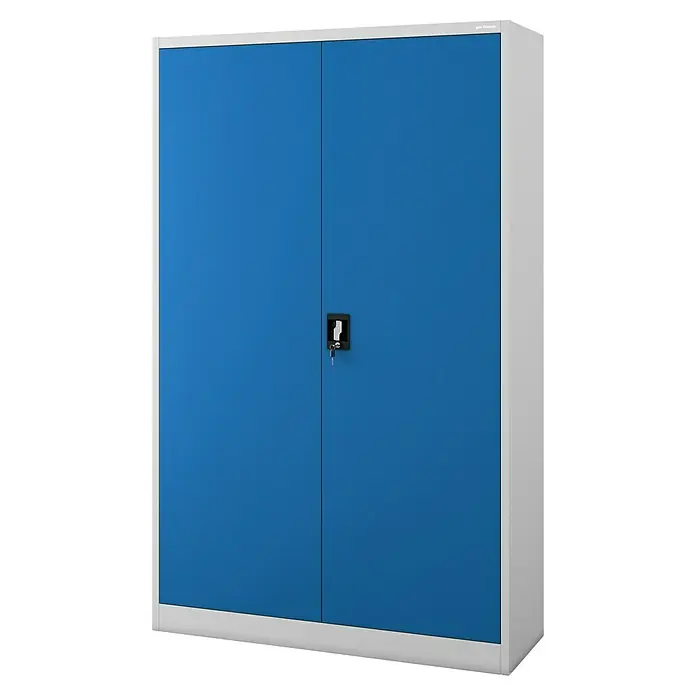 Jan Nowak Aktenschrank Jan II - B x T x H: 115 x 40 x 185 cm, Grau/Blau - Blauer Stahlschrank mit zwei Türen und einem Schloss zur sicheren Aufbewahrung von Gegenständen. Ideal für Büro oder Werkstatt.