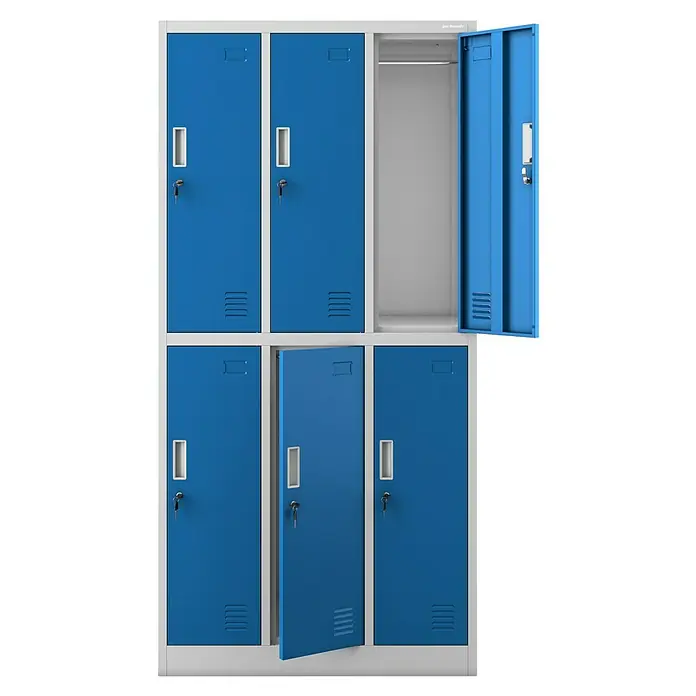 Jan Nowak Schließfachschrank Igor - H x B x T: 185 x 90 x 45 cm, Anzahl Fächer: 6 Stk., Grau/Blau - Blauer Spind mit sechs Fächern, zwei Fächer sind geöffnet. Ideal für die Aufbewahrung von persönlichen Gegenständen.