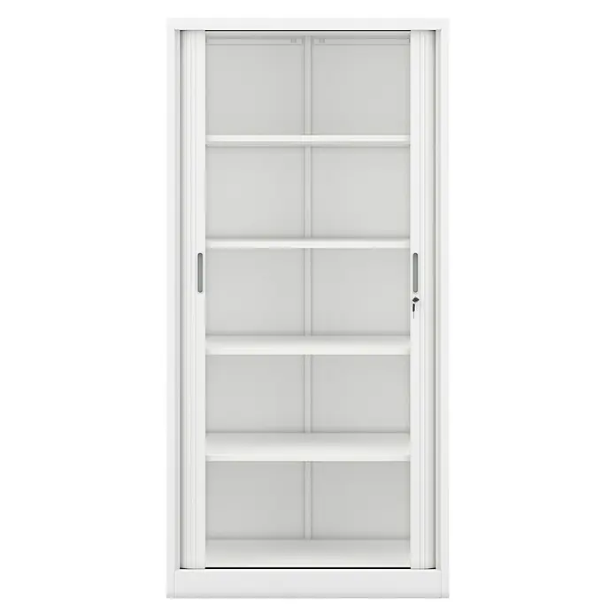 Jan Nowak Aktenschrank Damian - B x T x H: 90 x 45 x 185 cm, Weiß - Ein weißer Aktenschrank mit Schiebetüren und mehreren Regalen. Perfekt für Büro oder Homeoffice zur übersichtlichen Aufbewahrung von Dokumenten.