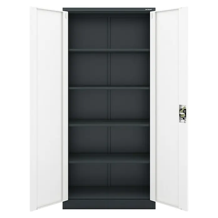 Jan Nowak Aktenschrank Jan - B x T x H: 90 x 40 x 195 cm, Anthrazit/Weiß - Ein offener grauer Metallschrank mit weißen Türen und mehreren Regalen. Ideal für die Aufbewahrung von Bürobedarf.