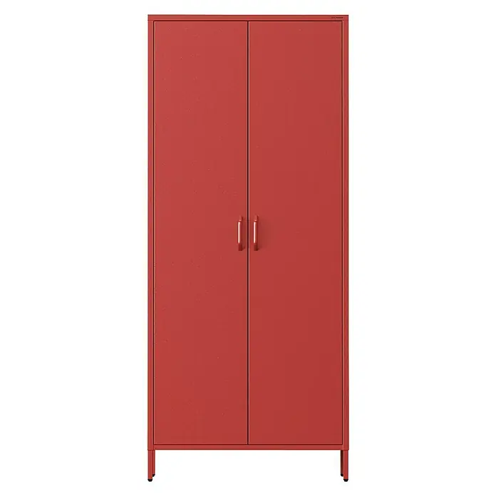 Jan Nowak Kleiderschrank Flavio - H x B x T: 185 x 80 x 45 cm, Rot - Roter Metallschrank mit zwei Türen und Griffen in der Mitte. Er bietet Stauraum und eine robuste Konstruktion für verschiedene Umgebungen.