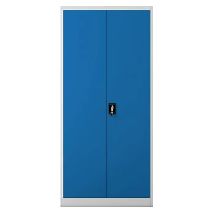 Jan Nowak Aktenschrank Jan - B x T x H: 90 x 40 x 195 cm, Grau/Blau - Ein blauer Metallschrank mit zwei Türen, einem schwarzen Schloss und einem Schlüssel, umgeben von einem weißen Rahmen.