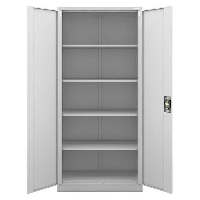 Jan Nowak Aktenschrank Jan - B x T x H: 90 x 40 x 195 cm, Grau - Abbildung eines leeren, grauen Metallschranks mit offenen Türen und mehreren Regalen, ideal zur Aufbewahrung.
