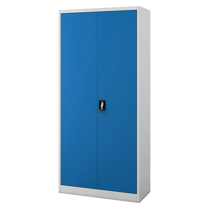 Jan Nowak Aktenschrank Jan - B x T x H: 90 x 40 x 195 cm, Grau/Blau - Abbildung eines blauen Stahlschranks mit zwei Türen und einem Schlüssel. Ideal für Büro oder Werkstatt zur sicheren Aufbewahrung von Dokumenten.