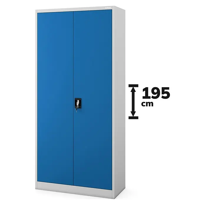 Jan Nowak Aktenschrank Jan - B x T x H: 90 x 40 x 195 cm, Grau/Blau - Blauer Flügeltürenschrank mit einer Höhe von 195 cm, ideal für die Aufbewahrung in Werkstätten oder Büros. Praktische und robuste Lösung.