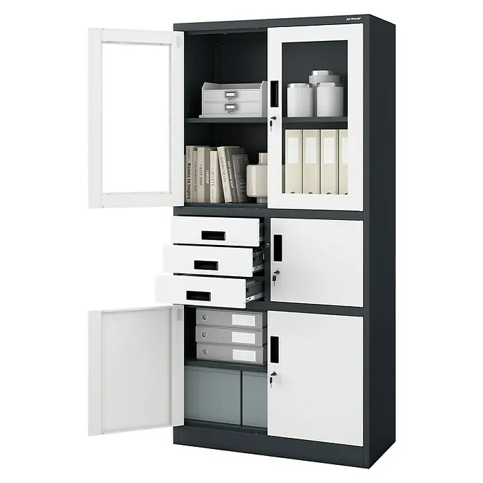 Jan Nowak Aktenschrank Filip - B x T x H: 90 x 40 x 185 cm, Anthrazit/Weiß - Stahlschrank mit offenen und geschlossenen Fächern, Schubladen und Büchern, ideal für die Organisation im Büro.