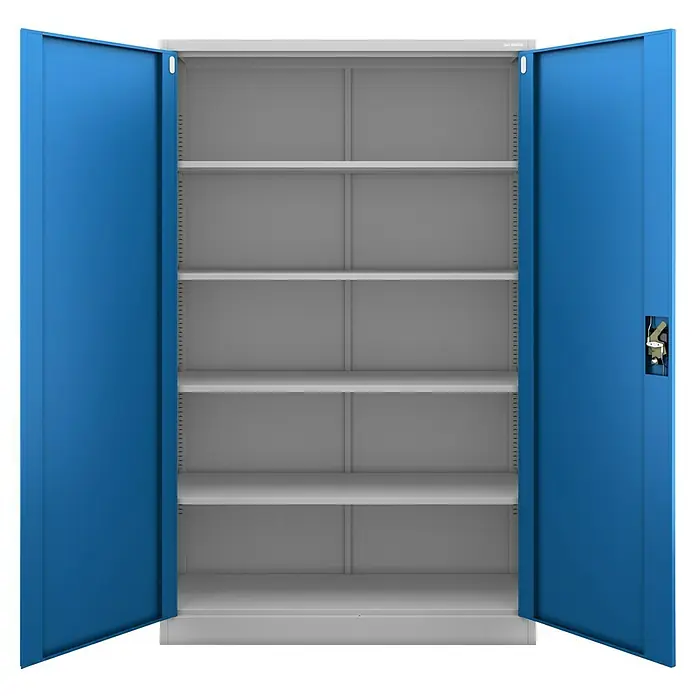 Jan Nowak Aktenschrank Jan II - B x T x H: 115 x 40 x 185 cm, Grau/Blau - Ein blauer Metallschrank mit offenen Türen und mehreren Regalböden im Inneren. Perfekt für Büro oder Werkstatt zur Aufbewahrung von Akten und Werkzeugen.