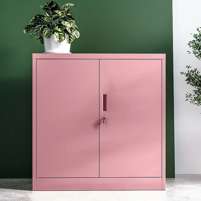 Jan Nowak Aktenschrank Beata - B x T x H: 90 x 40 x 92,5 cm, Rosa - Rosa Metallschrank mit Topfpflanze für Büro oder Zuhause. Praktische Aufbewahrungslösung im modernen Design.