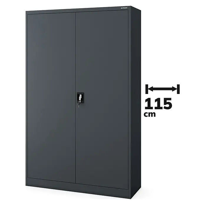 Jan Nowak Aktenschrank Jan II - B x T x H: 115 x 40 x 185 cm, Anthrazit - Grauer Metallschrank mit zwei Türen und Schloss. Ideal für Büro oder Werkstatt zur sicheren Aufbewahrung von Dokumenten und Werkzeugen.