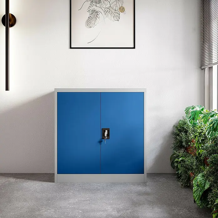 Jan Nowak Aktenschrank Beata - B x T x H: 90 x 40 x 92,5 cm, Grau / Blau - Blauer Flügeltürenschrank mit grauem Rahmen, ideal zur Aufbewahrung in jedem Raum.