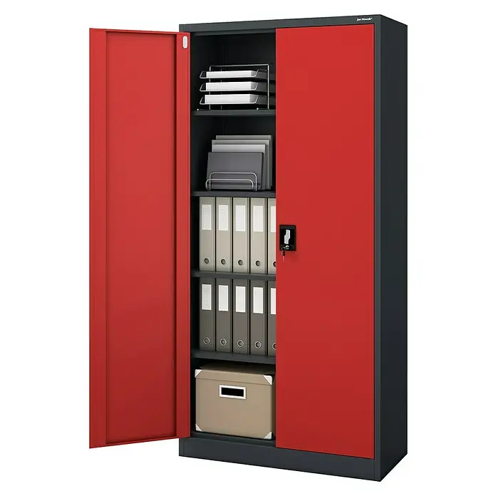 Jan Nowak Aktenschrank Jan - B x T x H: 90 x 40 x 185 cm, Anthrazit/Rot - Abbildung eines offenen Büroschranks von Jan Nowak, ausgestattet mit Fachböden und Schubladen zur Aufbewahrung von Aktenordnern.