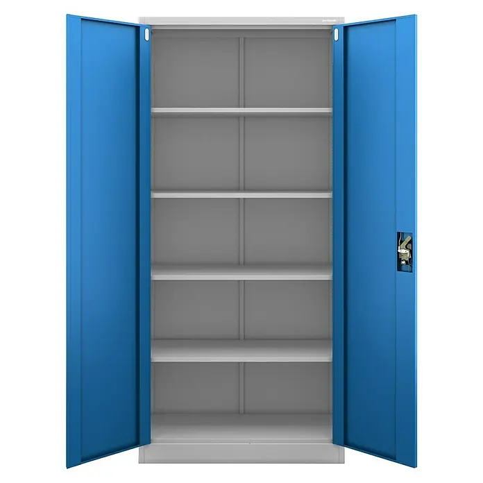 Jan Nowak Aktenschrank Jan - B x T x H: 90 x 40 x 195 cm, Grau/Blau - Das Bild zeigt einen blauen Metallschrank mit geöffneten Türen und mehreren Regalböden im Inneren. Der Schrank wirkt robust und bietet viel Stauraum.
