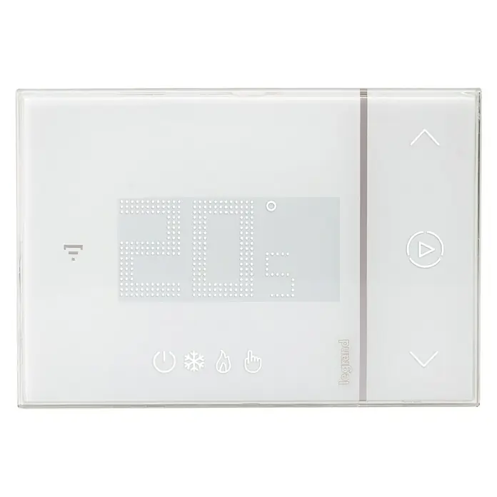Legrand Termostato inalámbrico WiFi Elliot - Funcionamiento en red, L x An x Al: 2,81 x 12,6 x 8,7 cm - Primer plano de un termostato Legrand con un diseño blanco minimalista y una pantalla digital que muestra 20,5 grados Celsius.