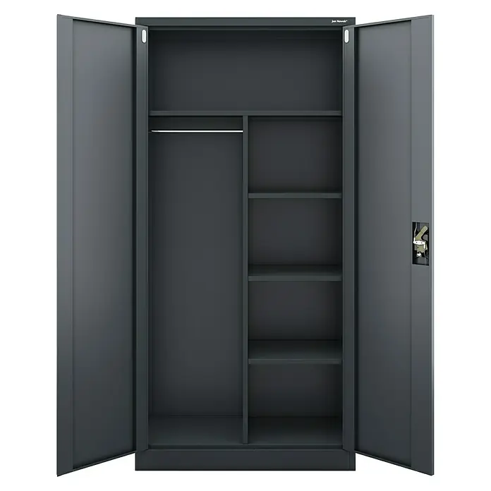 Jan Nowak Metall-Mehrzweckschrank Dawid - H x B x T: 185 x 90 x 45 cm, Anthrazit - Bild eines geöffneten grauen Metallschranks mit Einlegeböden und einer Stange zum Aufhängen von Kleidung.