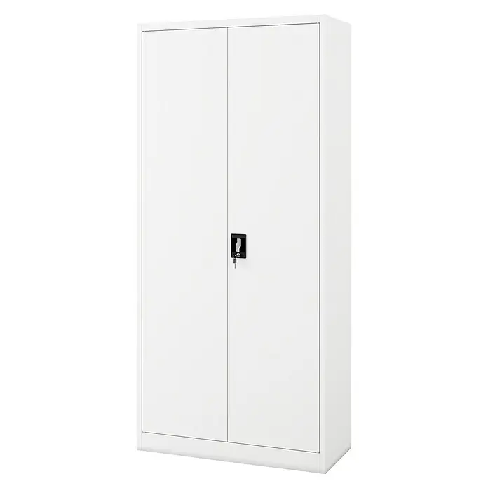 Jan Nowak Aktenschrank Jan - B x T x H: 90 x 40 x 195 cm, Weiß - Ein geräumiger, abschließbarer, weißer Flügeltürenschrank für Büro oder Werkstatt mit einem schwarzen Schloss und einem Schlüssel für mehr Sicherheit.