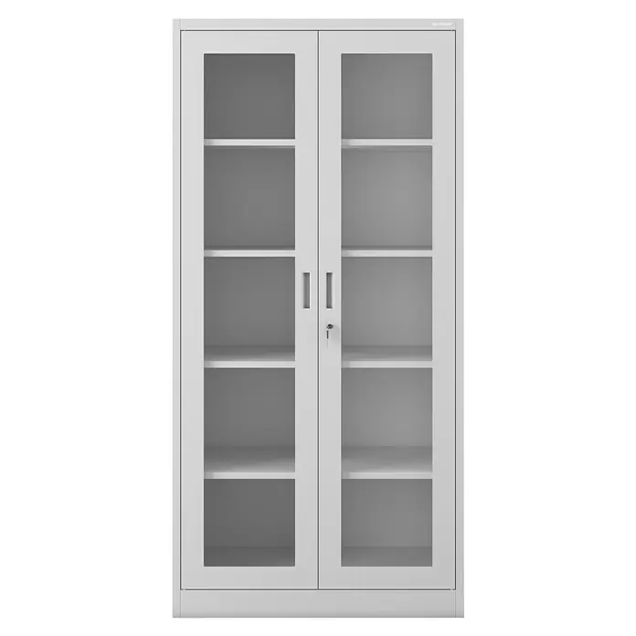 Jan Nowak Aktenschrank Amelia - B x T x H: 90 x 40 x 185 cm, Grau - Ein weißer Büroschrank mit Glastüren und mehreren Regalböden bietet viel Stauraum für Bürobedarf und Akten.