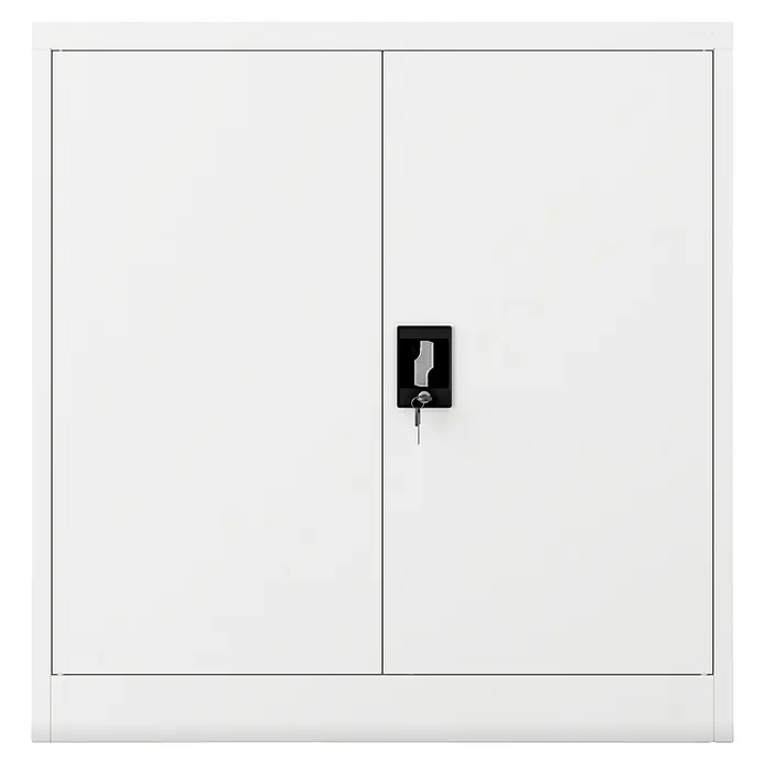 Jan Nowak Aktenschrank Beata - B x T x H: 90 x 40 x 92,5 cm, Weiß - Weißer Stahlschrank mit zwei Türen und einem schwarzen Schloss mit Schlüssel.