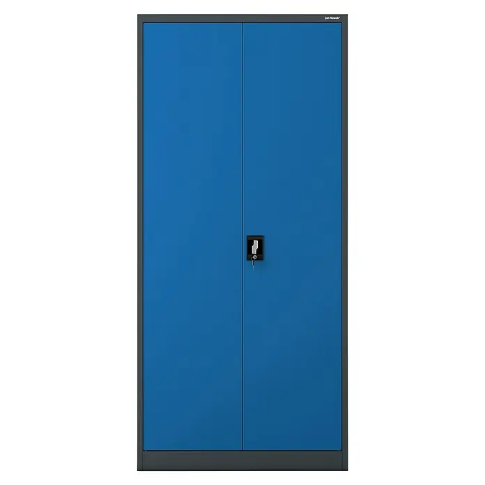 Jan Nowak Aktenschrank Jan - B x T x H: 90 x 40 x 195 cm, Anthrazit/Blau - Ein blauer Metallschrank mit zwei Türen und einem Schloss, ideal für Büro oder Werkstatt, bietet viel Stauraum.