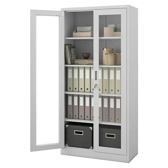 Jan Nowak Aktenschrank Amelia - B x T x H: 90 x 40 x 185 cm, Grau - Das Bild zeigt einen grauen Büroschrank mit Regalen, Ordnern und Schiebetüren, ideal für die Büroorganisation.