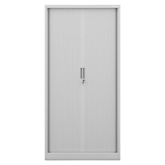Jan Nowak Aktenschrank Damian - B x T x H: 90 x 45 x 185 cm, Grau - Ein weißer Rollladenschrank mit vertikalen Rillen und einem mittigen Schloss. Ideal für Büro oder Werkstatt zur sicheren Aufbewahrung.