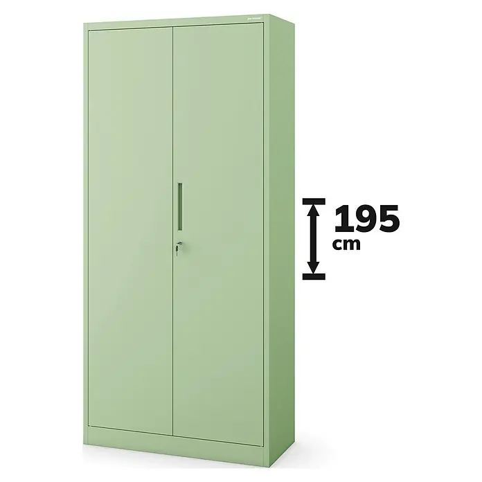 Jan Nowak Aktenschrank Jan - B x T x H: 90 x 40 x 195 cm, Pastellgrün - Abbildung eines mintgrünen Flügeltürenschranks mit den Maßen 195 cm Höhe, ideal für Büro oder Lager.