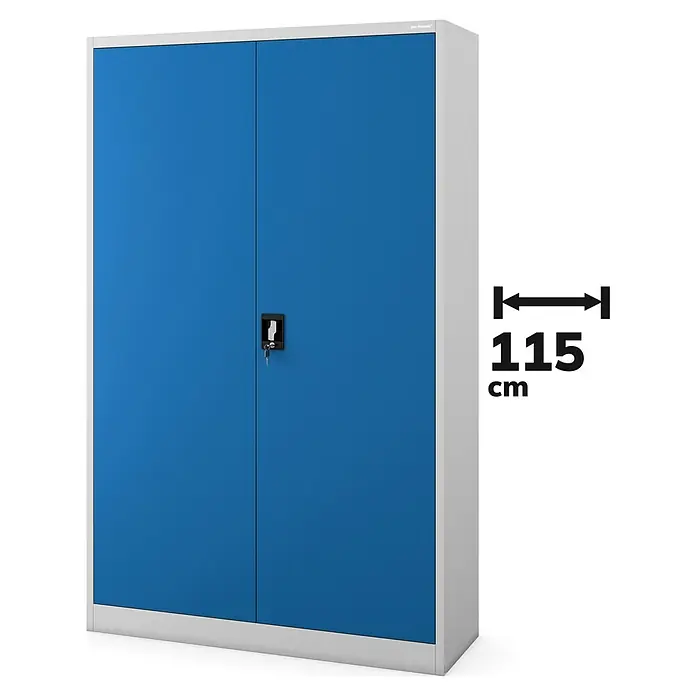 Jan Nowak Aktenschrank Jan II - B x T x H: 115 x 40 x 185 cm, Grau/Blau - Blauer Stahlschrank mit zwei Türen und silbergrauem Rahmen. Ideal für Büro oder Werkstatt zur Aufbewahrung von Gegenständen.