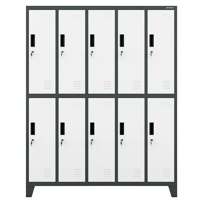 Jan Nowak Spind Bartek - B x T x H: 136 x 45 x 172 cm, Anthrazit / Weiß - Produktansicht eines weißen Stahlspindschranks mit zehn Fächern und grauen Rahmen für sichere Aufbewahrung.