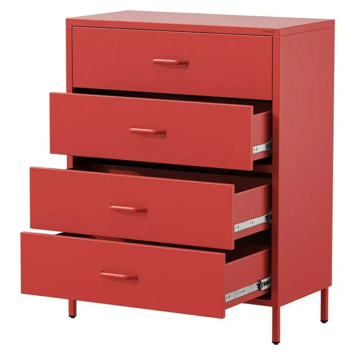 Jan Nowak Kommode Carla - L x B x H: 40 x 80 x 101,5 cm, Rot, Anzahl Schubladen: 4 Stk. - Rote Kommode mit vier Schubladen, die teilweise geöffnet sind, um das Innere zu zeigen. Der Artikel steht auf einem schwarzen Hintergrund.